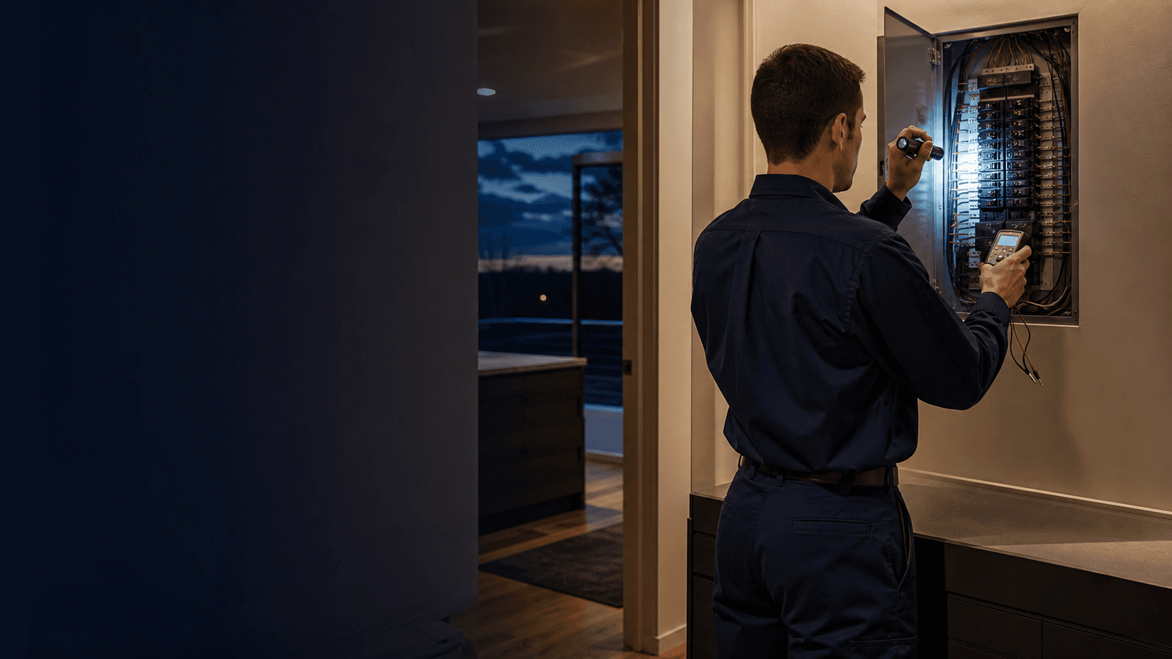 Electrician professionally inspecting a residential electrical panel